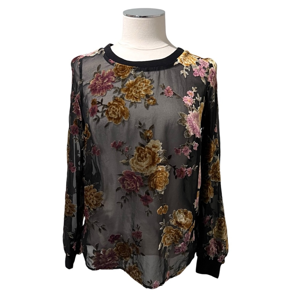 A NEW DAY Sheer Floral Velvet Application Sweatshirt Top Crewneck Black Sz S - Picture 5 of 12
